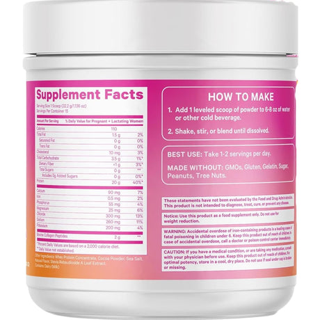 Tabla nutricional del suplemento Pink Stork Proteína para Embarazo y Postparto sabor Trufa de Chocolate 483 g