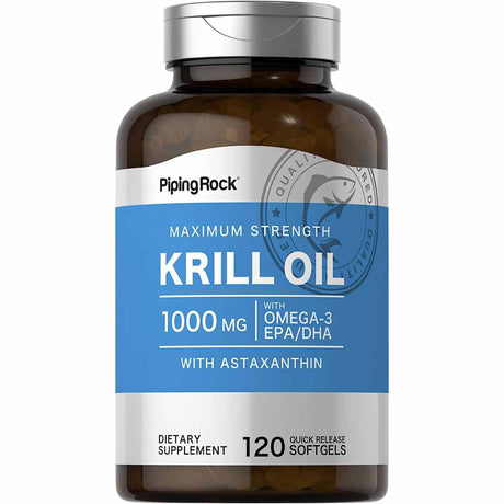 Frasco de Piping Rock aceite de krill 1000 mg, presentación de 120 cápsulas blandas