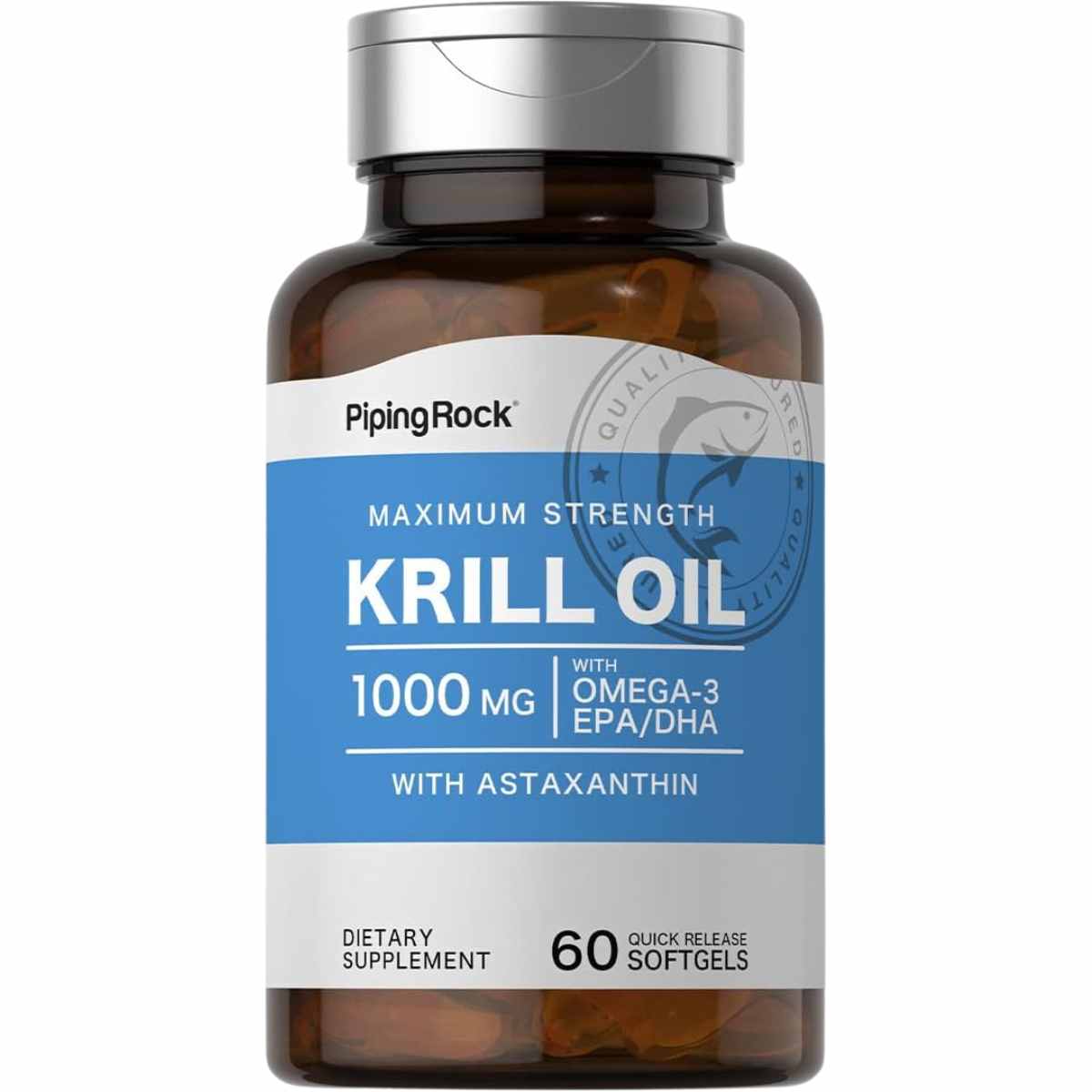 Frasco de Piping Rock aceite de krill 1000 mg, presentación de 60 cápsulas blandas