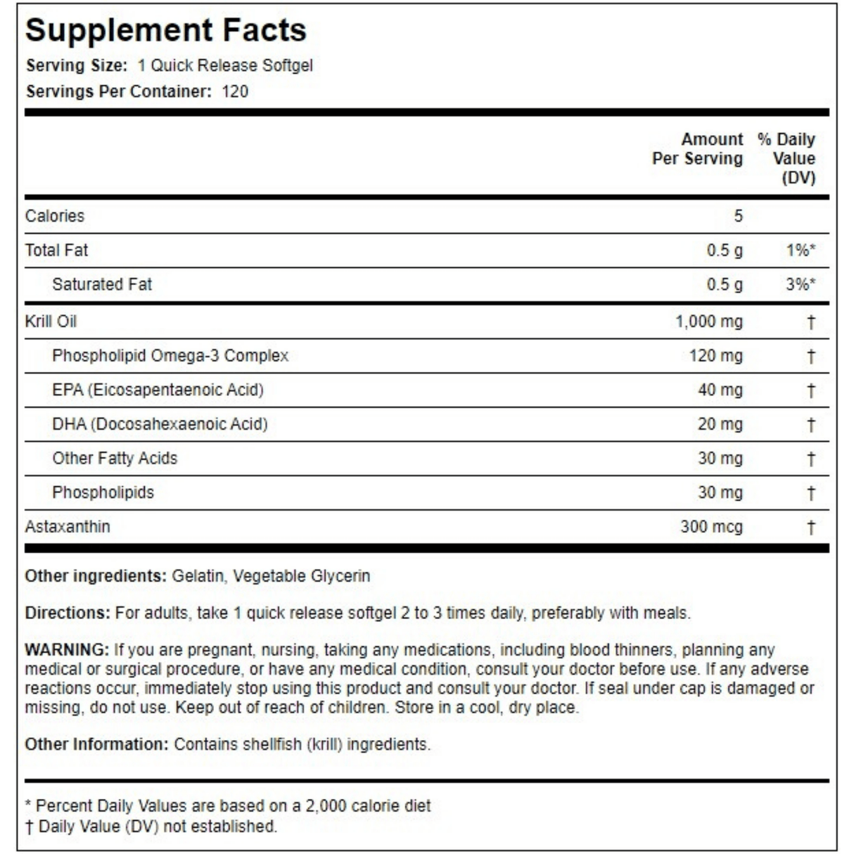 Etiqueta de suplemento de Piping Rock aceite de krill 1000 mg, presentación de 120 cápsulas blandas