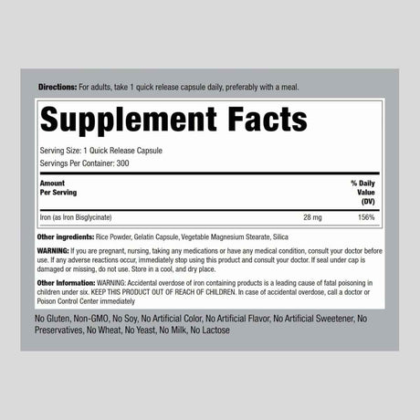 Tabla nutricional del suplemento Piping Rock Bisglicinato de Hierro 28 mg 300 cápsulas