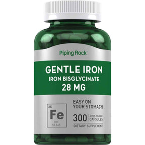 Frasco de suplemento Piping Rock Bisglicinato de Hierro 28 mg 300 cápsulas