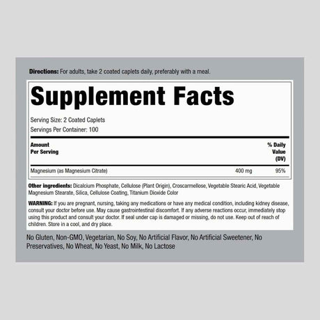 Información del suplemento de Piping Rock citrato de magnesio 400 mg