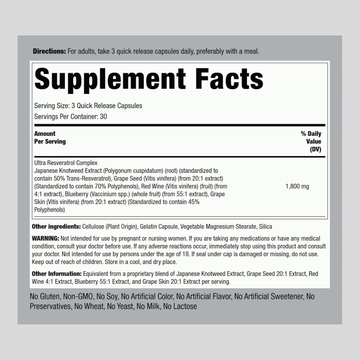 Tabla nutricional del suplemento Piping Rock Complejo de Resveratrol 1800 mg 90 cápsulas