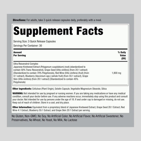 Tabla nutricional del suplemento Piping Rock Complejo de Resveratrol 1800 mg 90 cápsulas