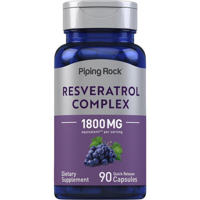 Frasco de suplemento Piping Rock Complejo de Resveratrol 1800 mg 90 cápsulas
