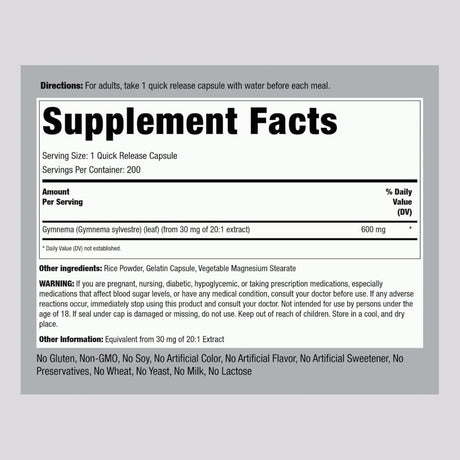Tabla nutricional del suplemento Piping Rock Gymnema Silvestre 600 mg 200 cápsulas