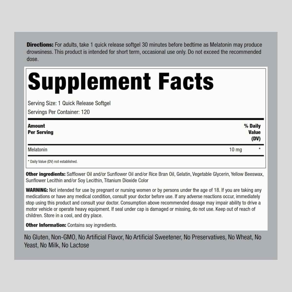 Tabla nutricional del suplemento Piping Rock Melatonina 10 mg 120 cápsulas blandas