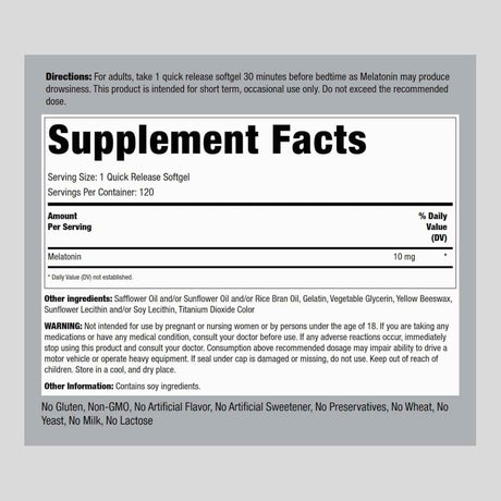 Tabla nutricional del suplemento Piping Rock Melatonina 10 mg 120 cápsulas blandas