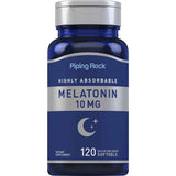 Frasco de suplemento Piping Rock Melatonina 10 mg 120 cápsulas blandas