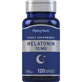 Frasco de suplemento Piping Rock Melatonina 10 mg 120 cápsulas blandas