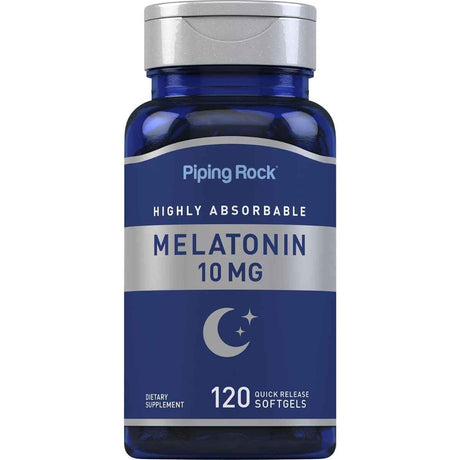 Frasco de suplemento Piping Rock Melatonina 10 mg 120 cápsulas blandas