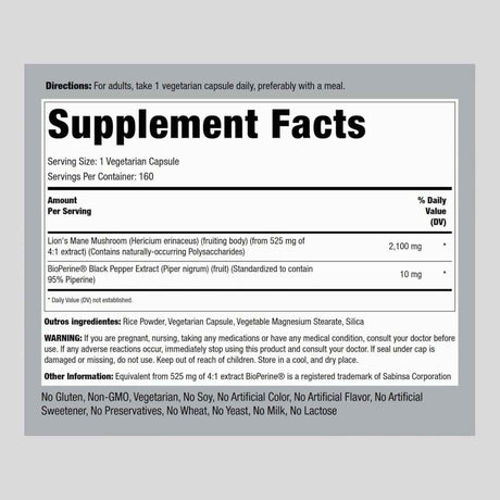 Tabla nutricional del suplemento Piping Rock Melena de León 2100 mg 160 cápsulas