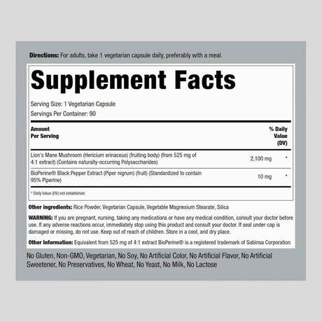 Tabla nutricional del suplemento Piping Rock Melena de León 2100 mg 90 cápsulas