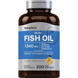 Frasco frontal de Piping Rock Mini Fish Oil 1340 mg con 830 mg de Omega 3, 200 cápsulas blandas
