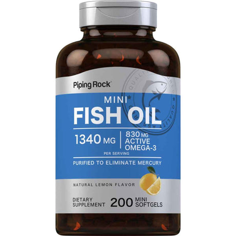 Frasco frontal de Piping Rock Mini Fish Oil 1340 mg con 830 mg de Omega 3, 200 cápsulas blandas