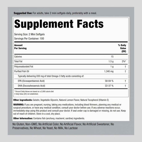 Información del suplemento de Piping Rock Mini Fish Oil, presentación de 200 cápsulas blandas