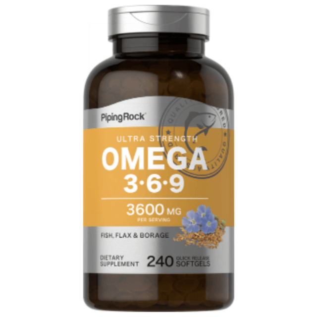 Frasco frontal de Piping Rock Omega 3-6-9 3600 mg, presentación de 240 cápsulas blandas