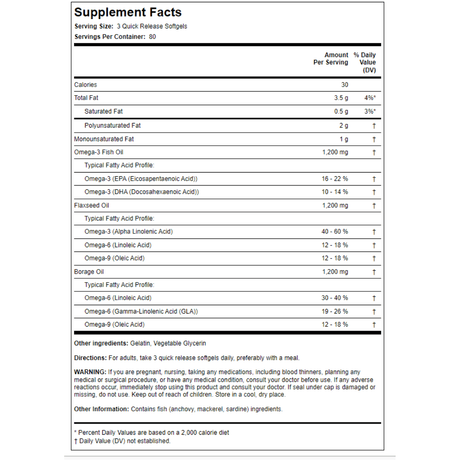 Información del suplemento de Piping Rock Omega 3-6-9 3600 mg, presentación de 240 cápsulas blandas