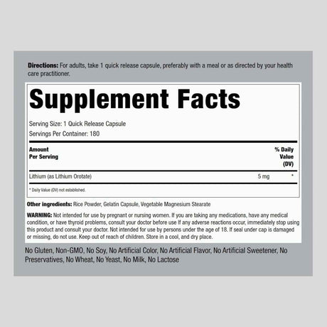 Tabla nutricional del suplemento Piping Rock Orotato de Litio 180 Cápsulas
