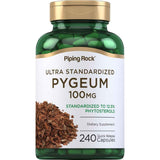 Frasco frontal de Piping Rock Pygeum 100 mg, presentación de 240 cápsulas de liberación rápida