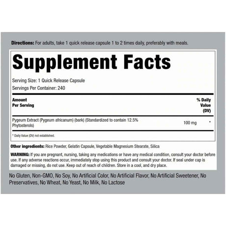Etiqueta de Piping Rock Pygeum 100 mg con información del suplemento, ingredientes, modo de uso y advertencias
