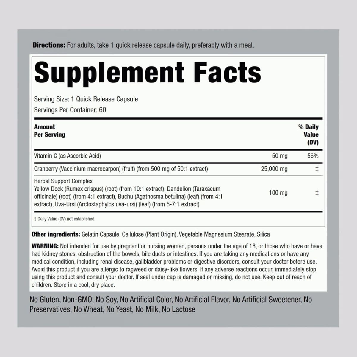 Etiqueta de información suplementaria de Piping Rock con vitamina C, arándano rojo y mezcla herbal