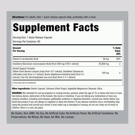 Etiqueta de información suplementaria de Piping Rock con vitamina C, arándano rojo y mezcla herbal