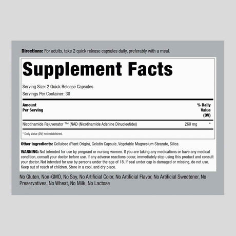 Tabla nutricional del suplemento Piping Rock True NAD 60 cápsulas