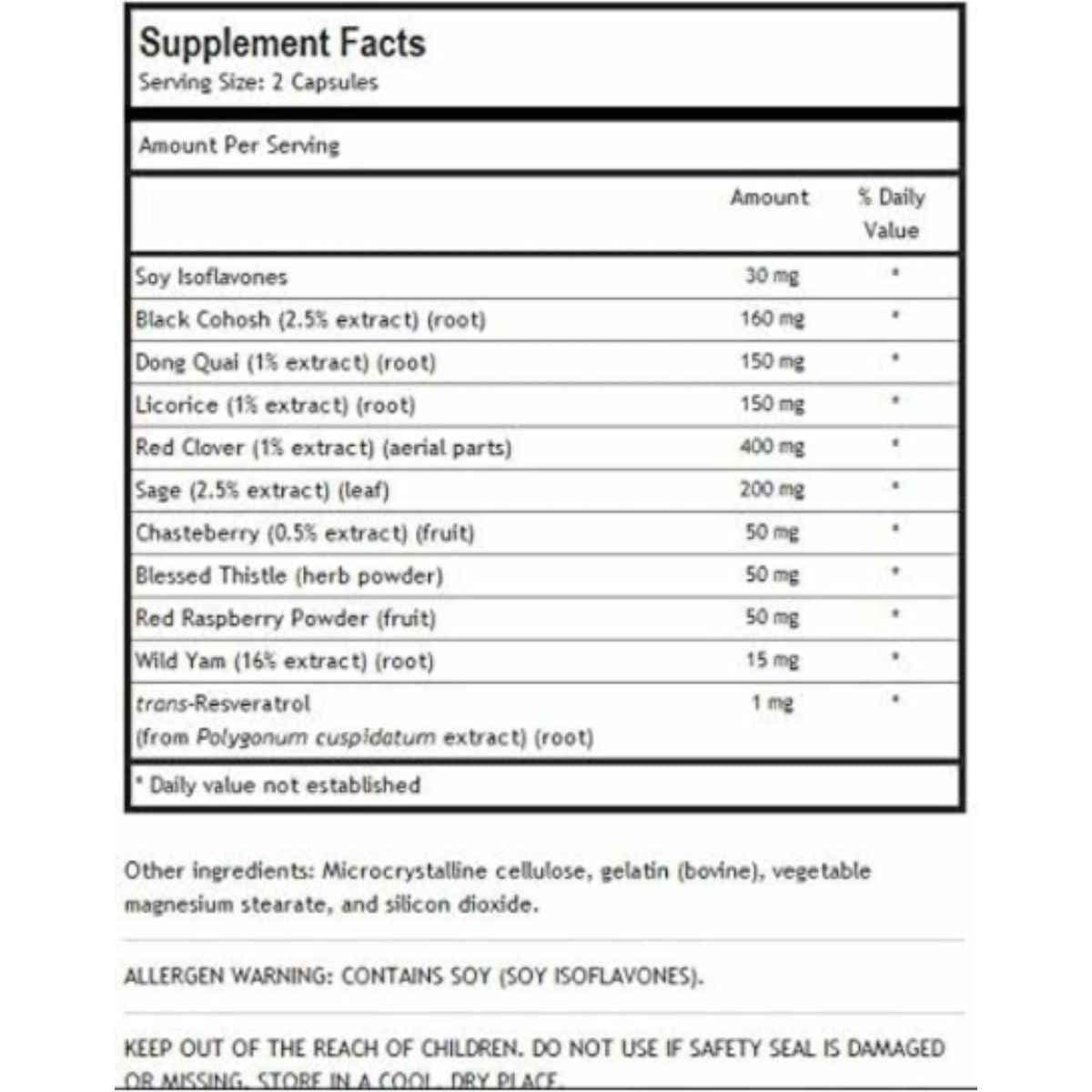Tabla nutricional del suplemento Pivotal Health Previalin-HS 60 cápsulas