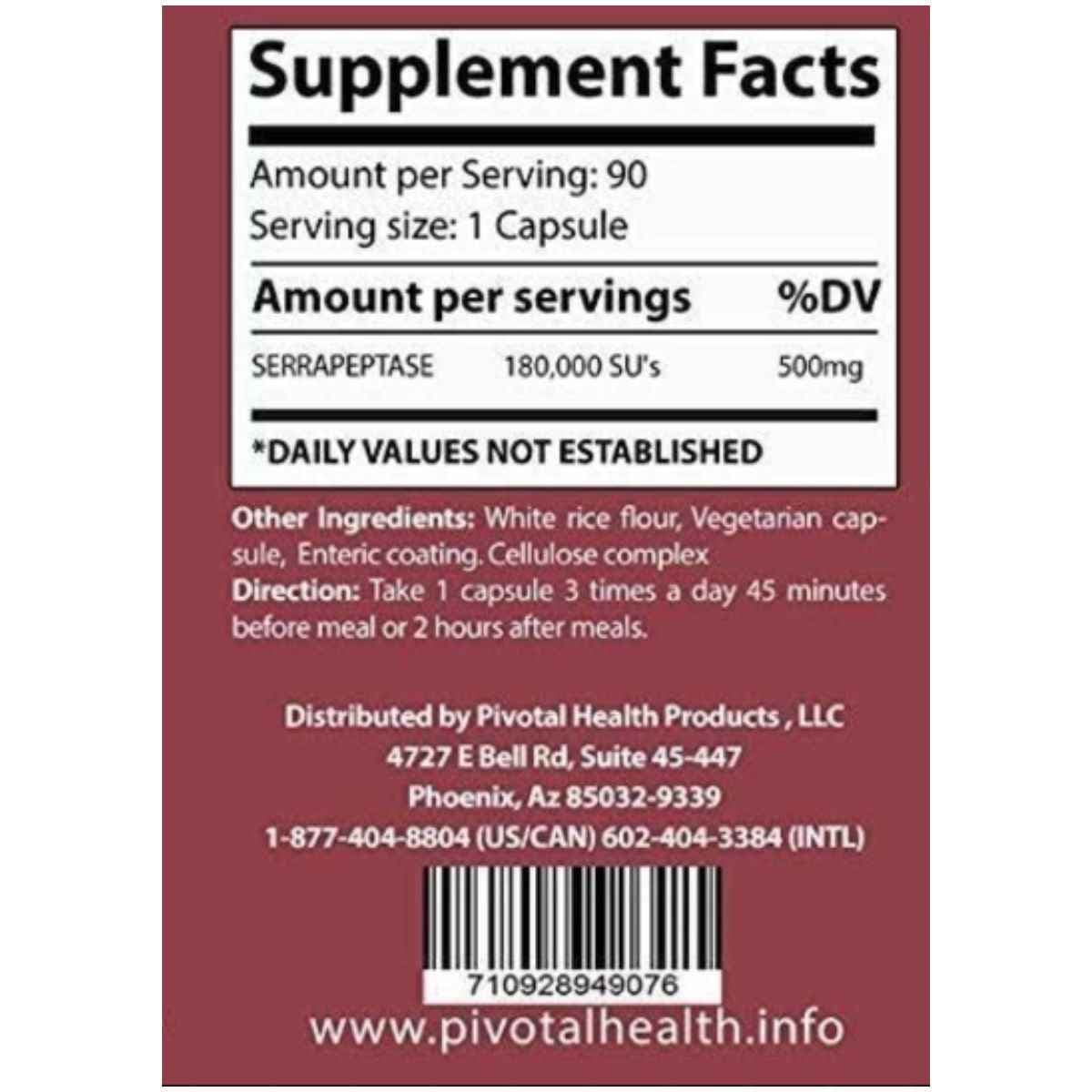 Tabla nutricional del suplemento Pivotal Health Serrasolv 360 90 cápsulas