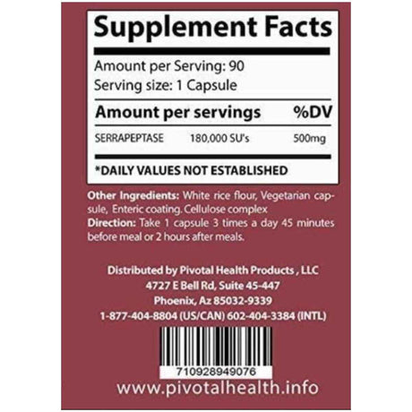 Tabla nutricional del suplemento Pivotal Health Serrasolv 360 90 cápsulas