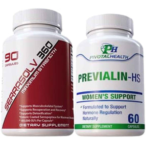 Frascos de suplemento Pivotal Health Serrasolv 360 (90 cápsulas) y Previalin-HS (60 cápsulas)