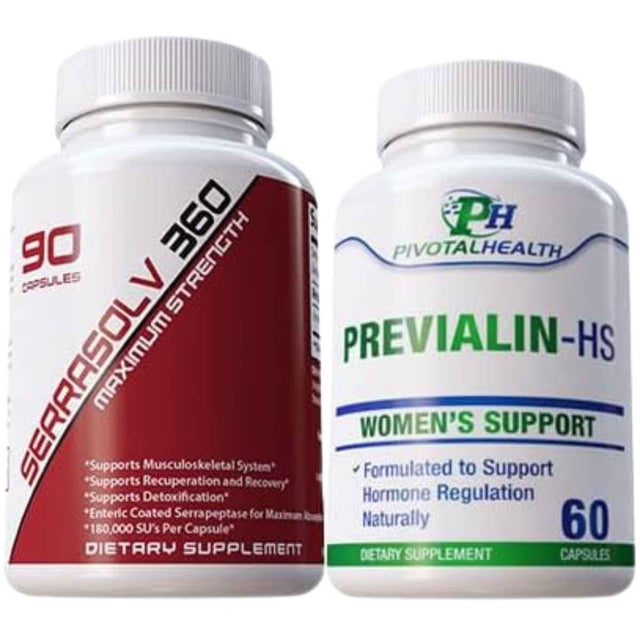 Frascos de suplemento Pivotal Health Serrasolv 360 (90 cápsulas) y Previalin-HS (60 cápsulas)