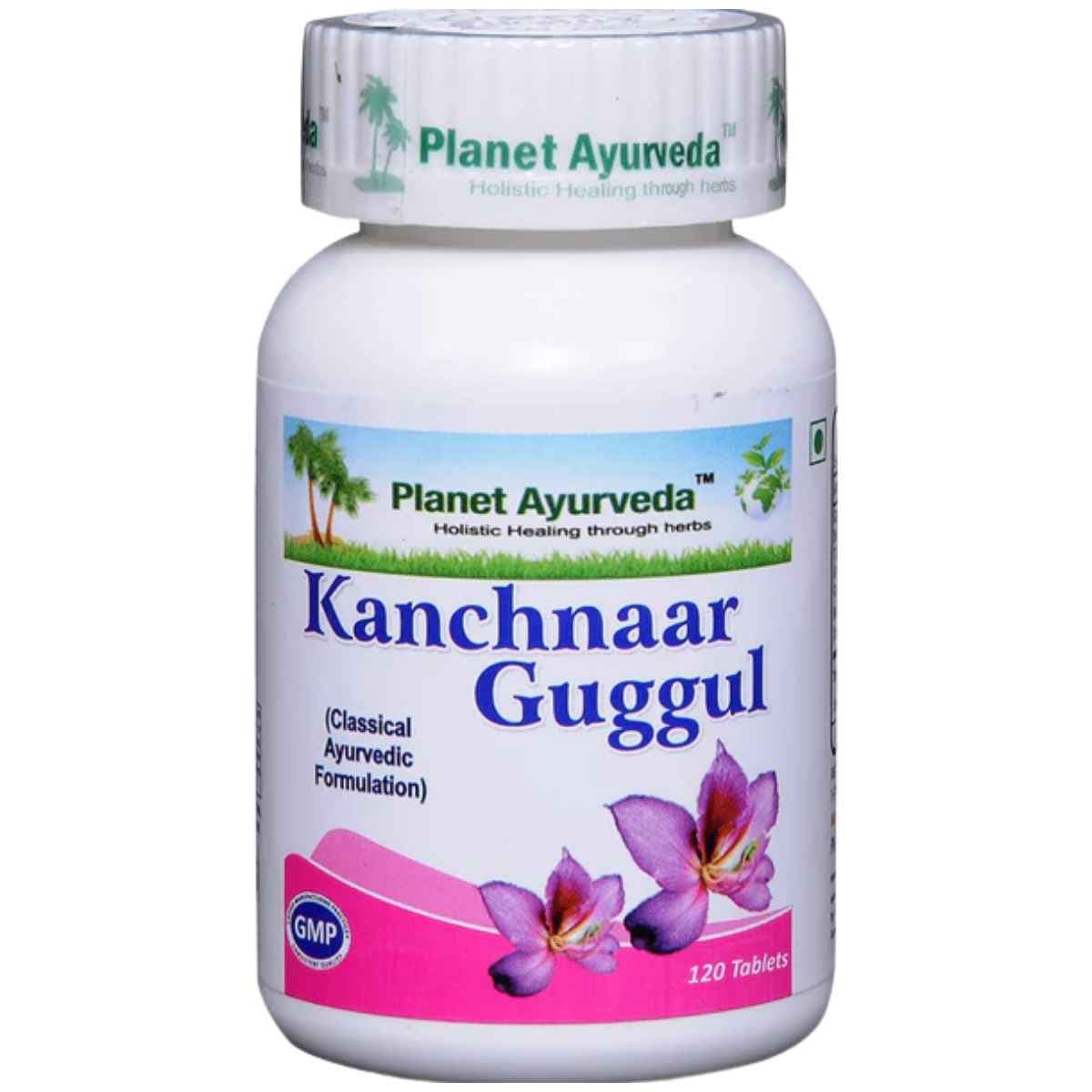Frasco de suplemento Planet Ayurveda Kanchnaar Guggul 120 tabletas