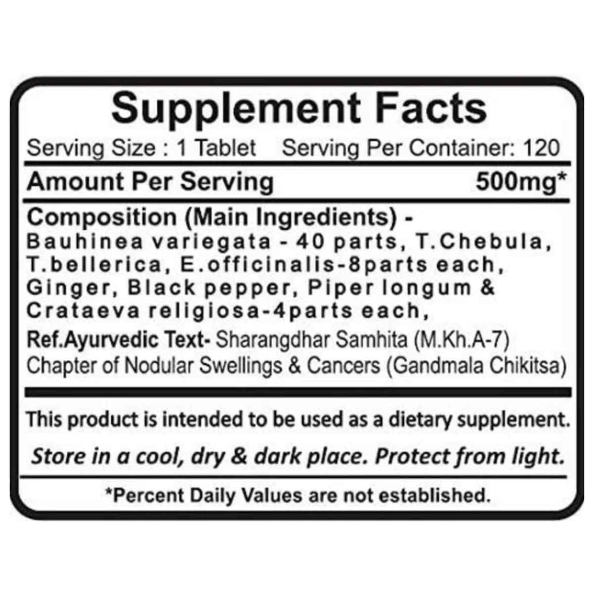 Tabla nutricional del suplemento Planet Ayurveda Kanchnaar Guggul 120 tabletas
