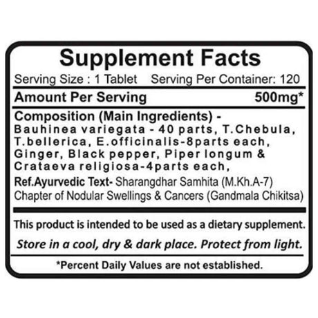 Tabla nutricional del suplemento Planet Ayurveda Kanchnaar Guggul 120 tabletas