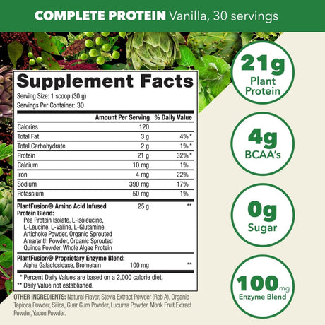 Tabla nutricional del suplemento PlantFusion Proteína Vegetal Vainilla Cremosa 21 g - 2 lbs