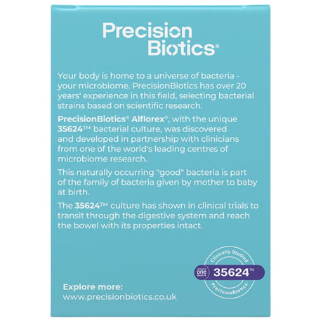Etiqueta con información del suplemento Precision Biotics Alflorex Original Cepa 35624 30 Cápsulas