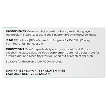 Tabla nutricional del suplemento Precision Biotics Alflorex Original Cepa 35624 30 Cápsulas