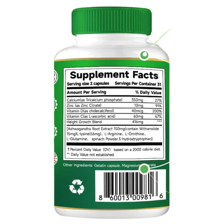 Tabla nutricional del suplemento Pretant Calcio, Vitamina D y Zinc con Aminoácidos 62 Cápsulas