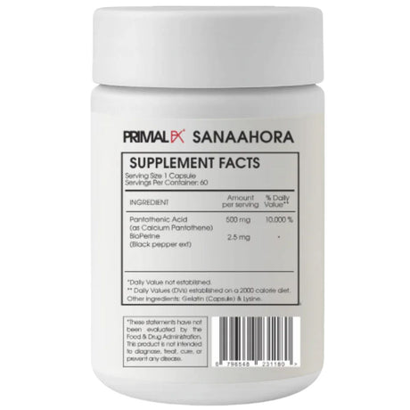 Tabla nutricional del suplemento Primal FX Ácido Pantoténico 500 mg 60 cápsulas