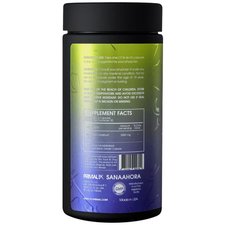 Tabla nutricional del suplemento Primal FX Calostro Bovino 3000 mg 180 cápsulas