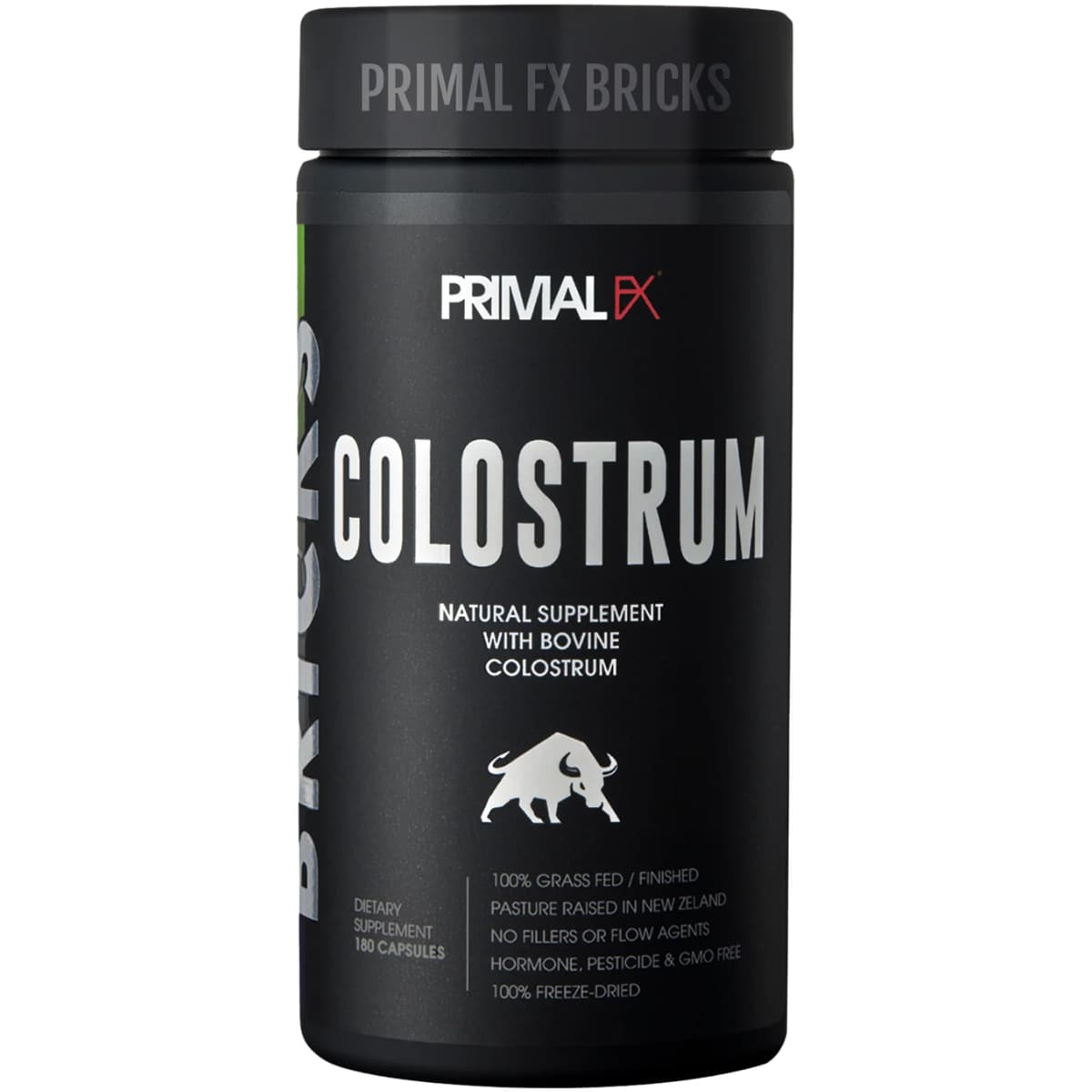 Frasco de suplemento Primal FX Calostro Bovino 3000 mg 180 cápsulas