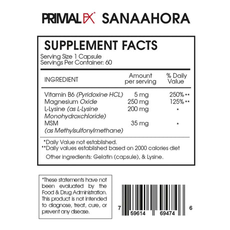 Etiqueta del suplemento Primal FX de magnesio con lisina con información nutricional y composición