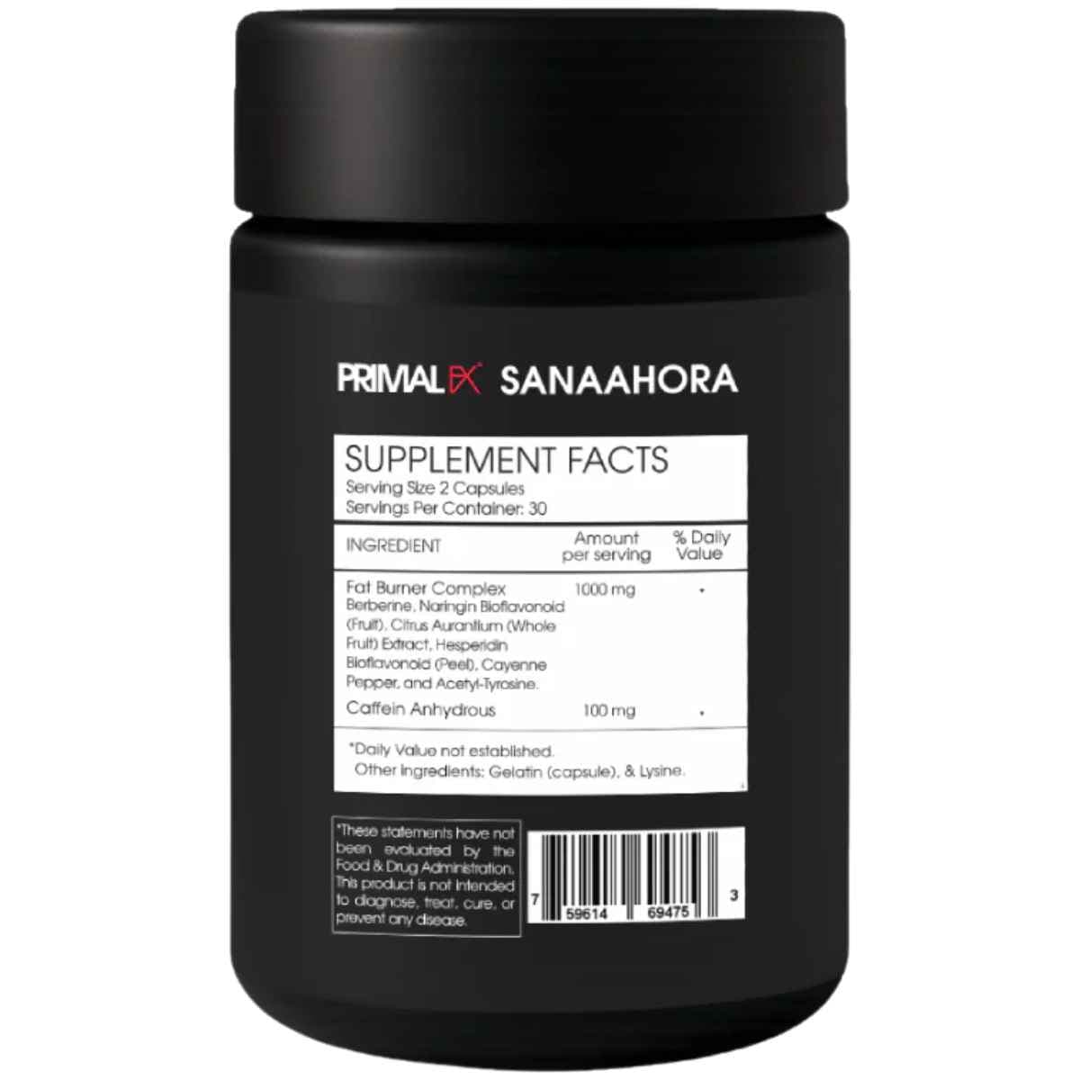 Etiqueta de Primal FX Veltryx con información de ingredientes, cafeína y extractos botánicos