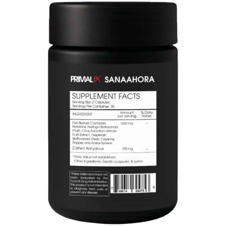 Etiqueta de Primal FX Veltryx con información de ingredientes, cafeína y extractos botánicos