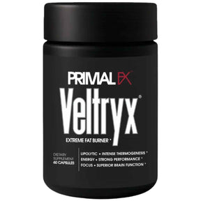 Frasco de Primal FX Veltryx con cafeína y extractos botánicos en presentación de 60 cápsulas
