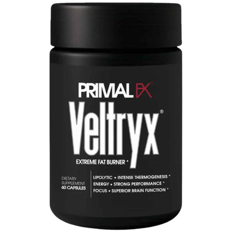 Frasco de Primal FX Veltryx con cafeína y extractos botánicos en presentación de 60 cápsulas