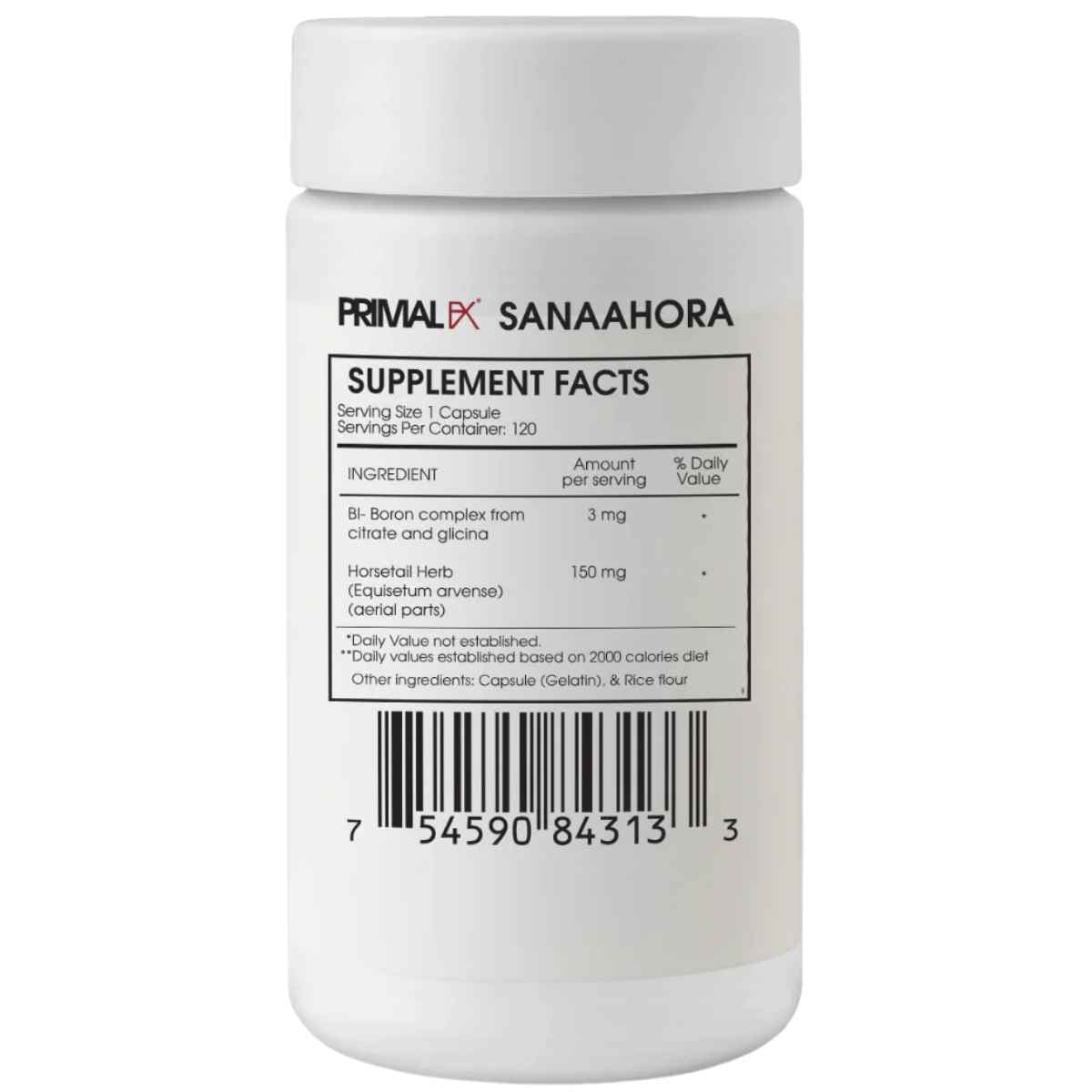 Tabla nutricional del suplemento Primal FX Boro y Sílice 120 cápsulas